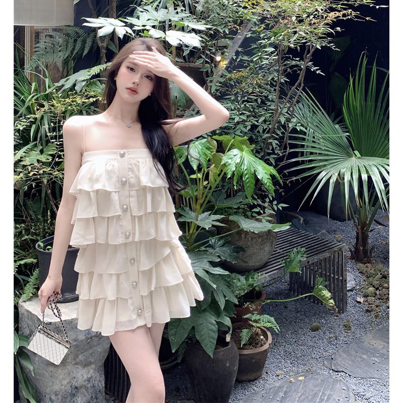 Bộ Áo Hai Dây Phối Bèo + Chân Váy Lưng Cao Xếp Tầng Thời Trang Mùa Hè Cho Nữ