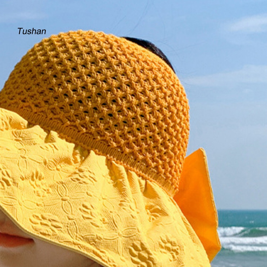 [Ts] Mũ Bucket Dệt Kim Vành Rộng Hở Chóp Trang Trí Nơ Dập Nổi Thời Trang Đi Du Lịch Dành Cho Nữ