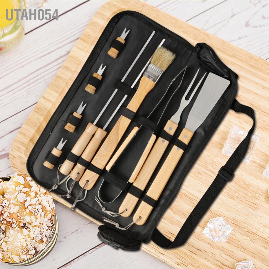Utah054 Bộ 10 Dụng Cụ Nướng Bằng Thép Không Gỉ Có Tay Cầm Gỗ Cho Dã Ngoại Thịt