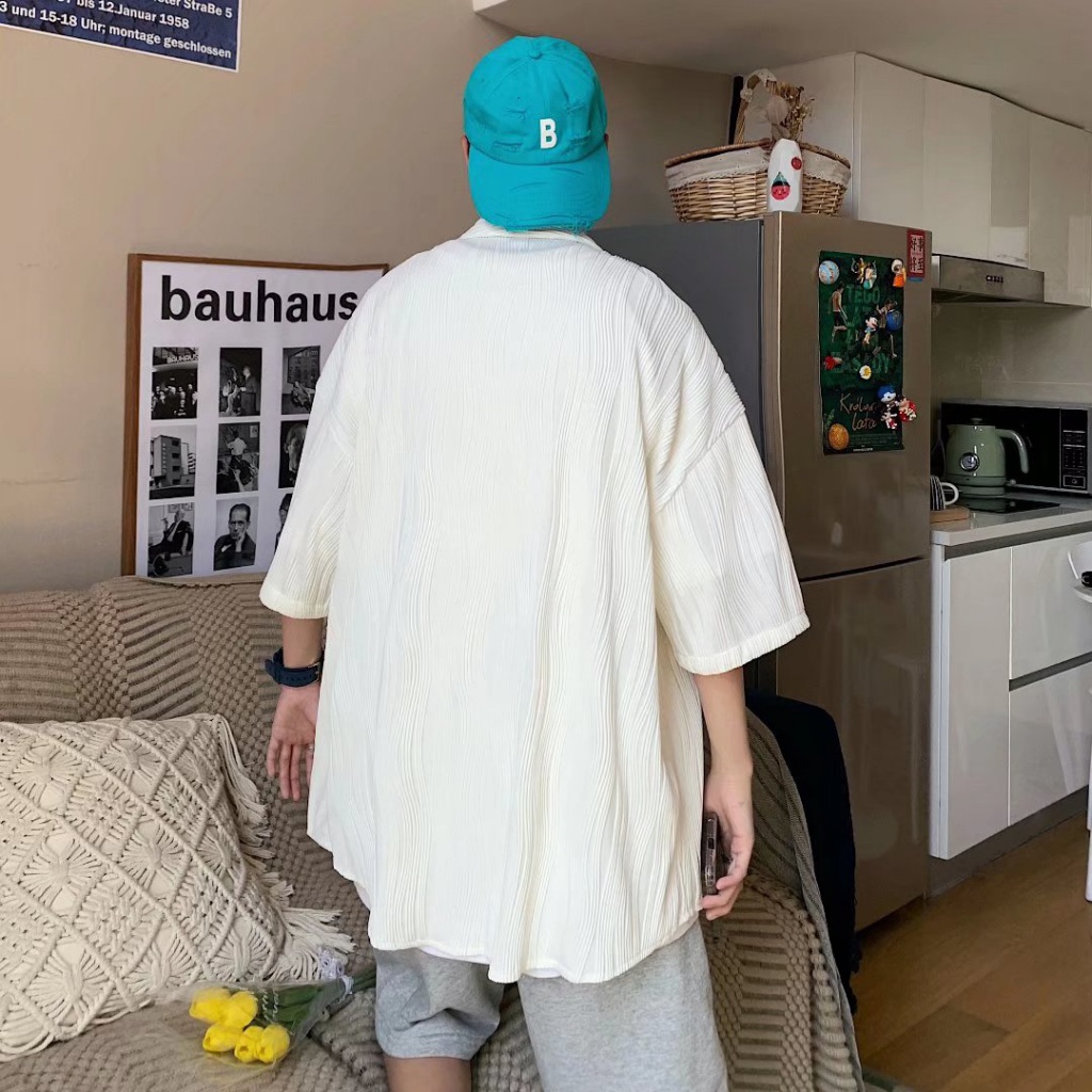 Áo Sơ Mi Tay Lửng Dáng Rộng Xếp Ly Gợn Sóng Thời Trang Mùa Hè Cho Nam