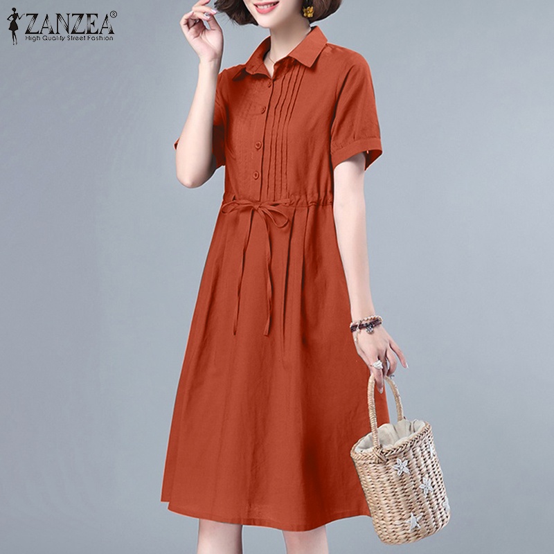 Zanzea Đầm Sơ Mi Tay Phồng Cổ Bẻ Phong Cách Hàn Quốc Dành Cho Nữ