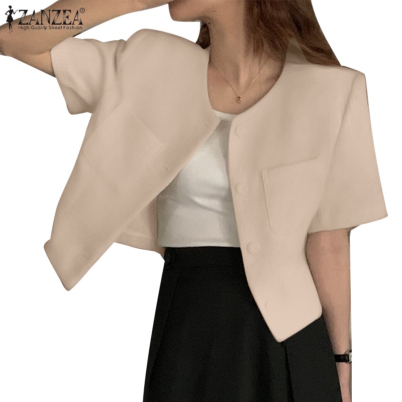 Zanzea Áo Khoác Nữ Ngắn Tay Cổ Tròn Có Túi Thời Trang Hàn