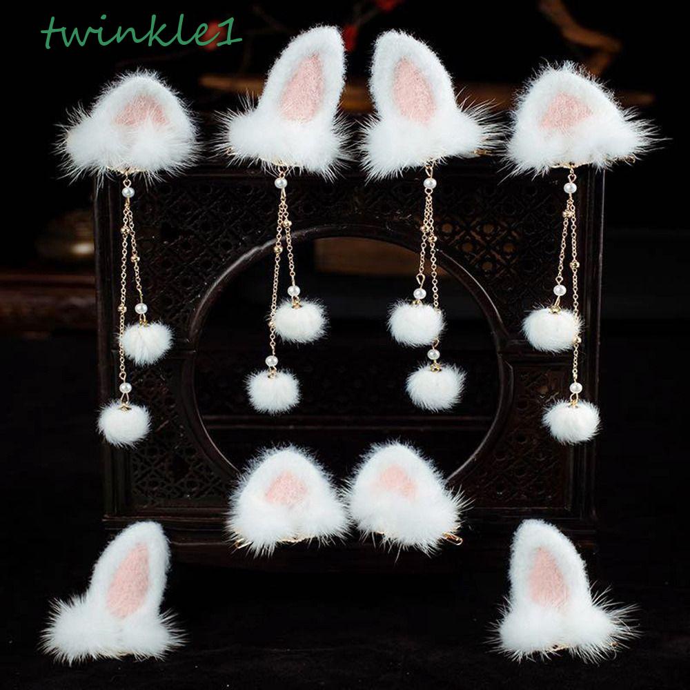 Kẹp Tóc Hình Tai Mèo Phối Bóng Lông Tua Rua Kiểu Hán Phục Trung Hoa Dễ Thương Cho Bé Gái