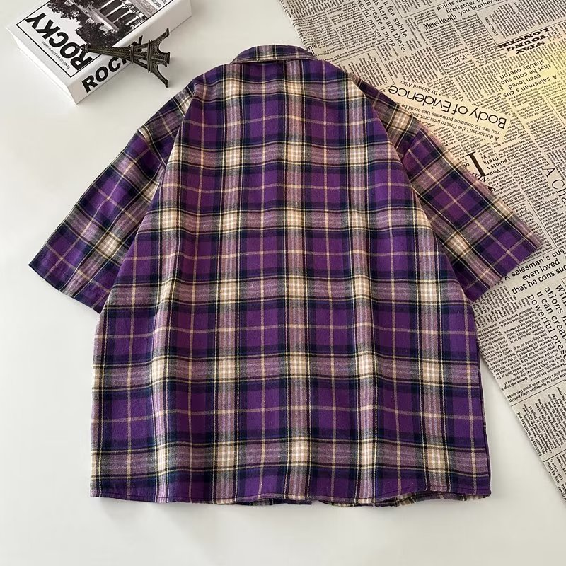 Áo Sơ Mi Ngắn Tay Họa Tiết Ca Rô Thêu Chữ Phong Cách Retro Dành Cho Nam