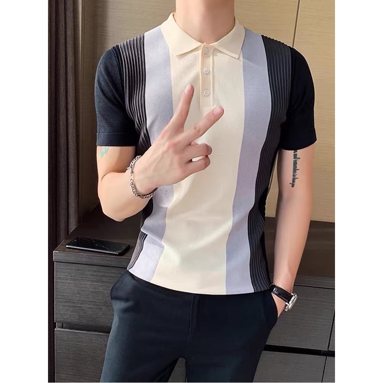 Áo Thun polo Ngắn Tay Vải Lụa Lạnh Mỏng Dáng Ôm Phối Màu Tương Phản Thời Trang Mùa Hè 2023 Cho Nam