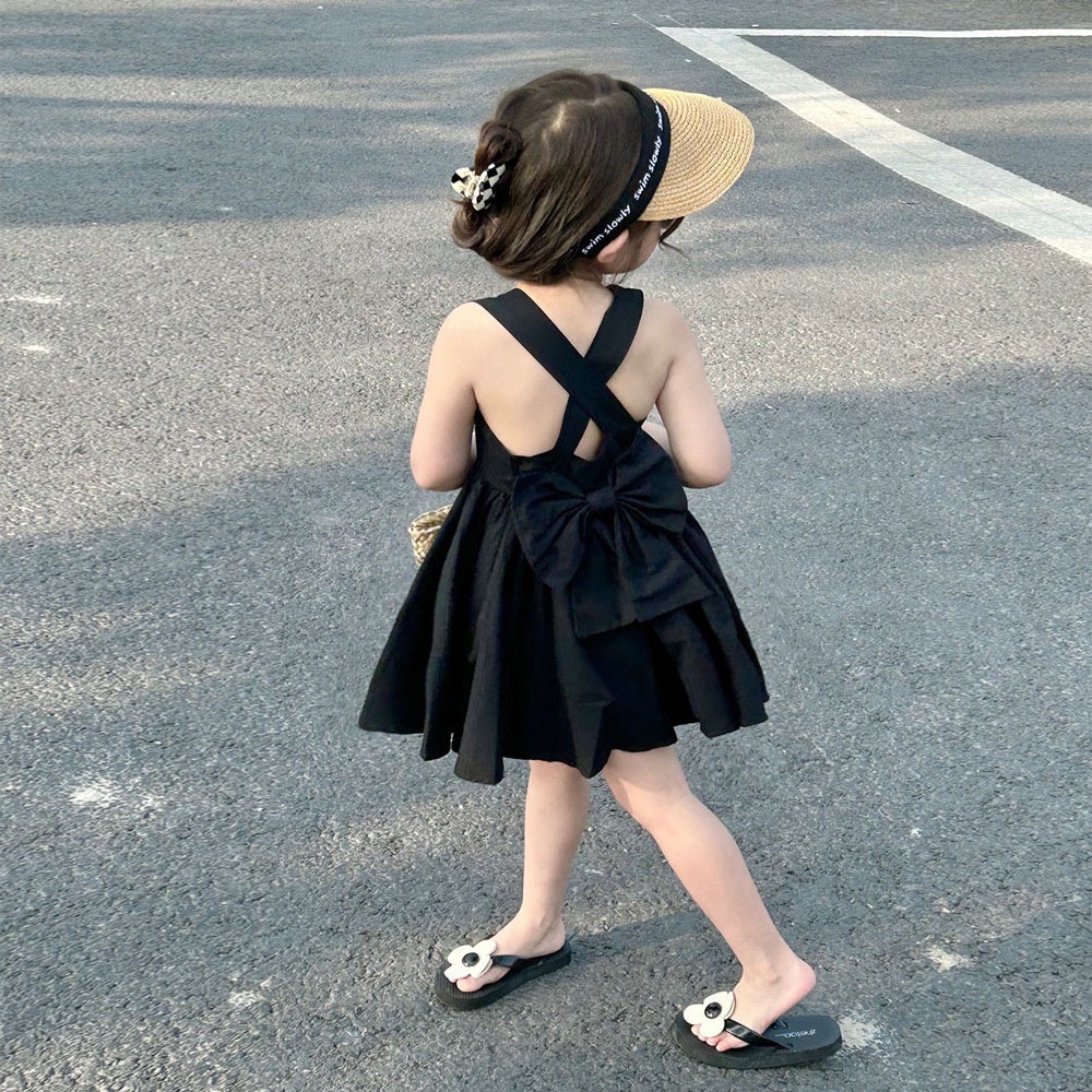 Váy bé gái mùa hè 2 dây chéo đính kèm nơ lưng có khóa kéo cho bé yêu từ 8-20kg