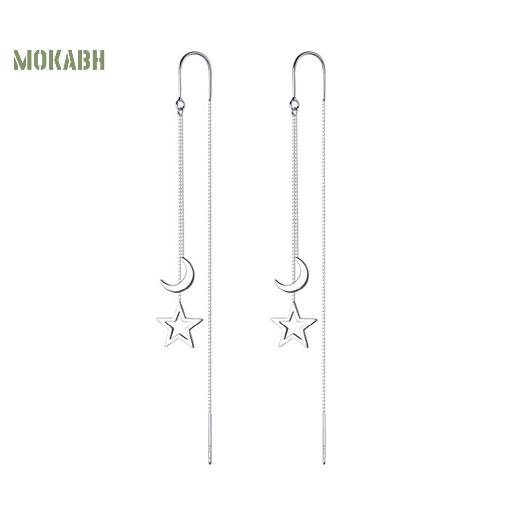 1 Đôi Bông Tai Dài Tua Rua Hình Ngôi Sao / Mặt Trăng Màu Bạc Thời Trang Dành Cho Nữ