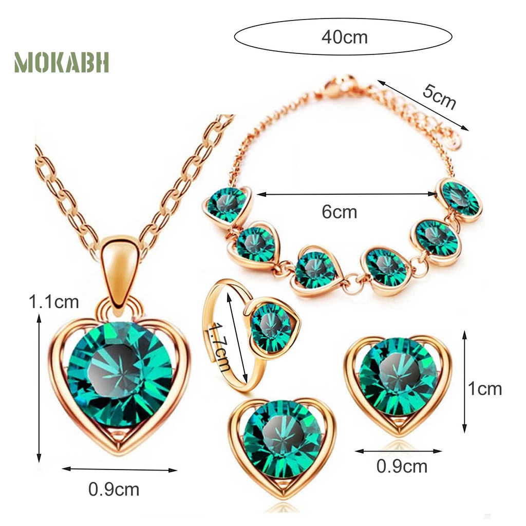 Set 4 Vòng cổ / Nhẫn / Khuyên Tai / Vòng Tay Hình Trái Tim Đính Đá Lấp Lánh Dễ Điều Chỉnh