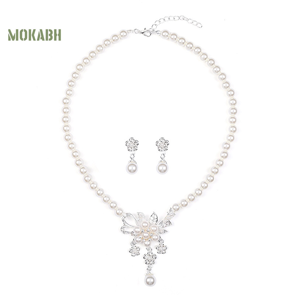 1 Bộ Vòng cổ + Bông Tai Đính Đá &amp; Ngọc Trai Nhân Tạo Hình Hoa Cho Nữ