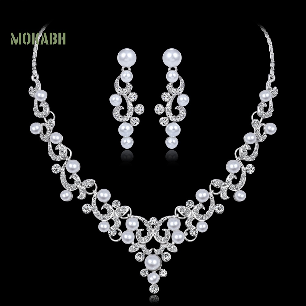 Bộ Vòng cổ + Bông Tai Đính Đá &amp; Ngọc Trai Giả Bằng Hợp Kim Thời Trang Cho Nữ