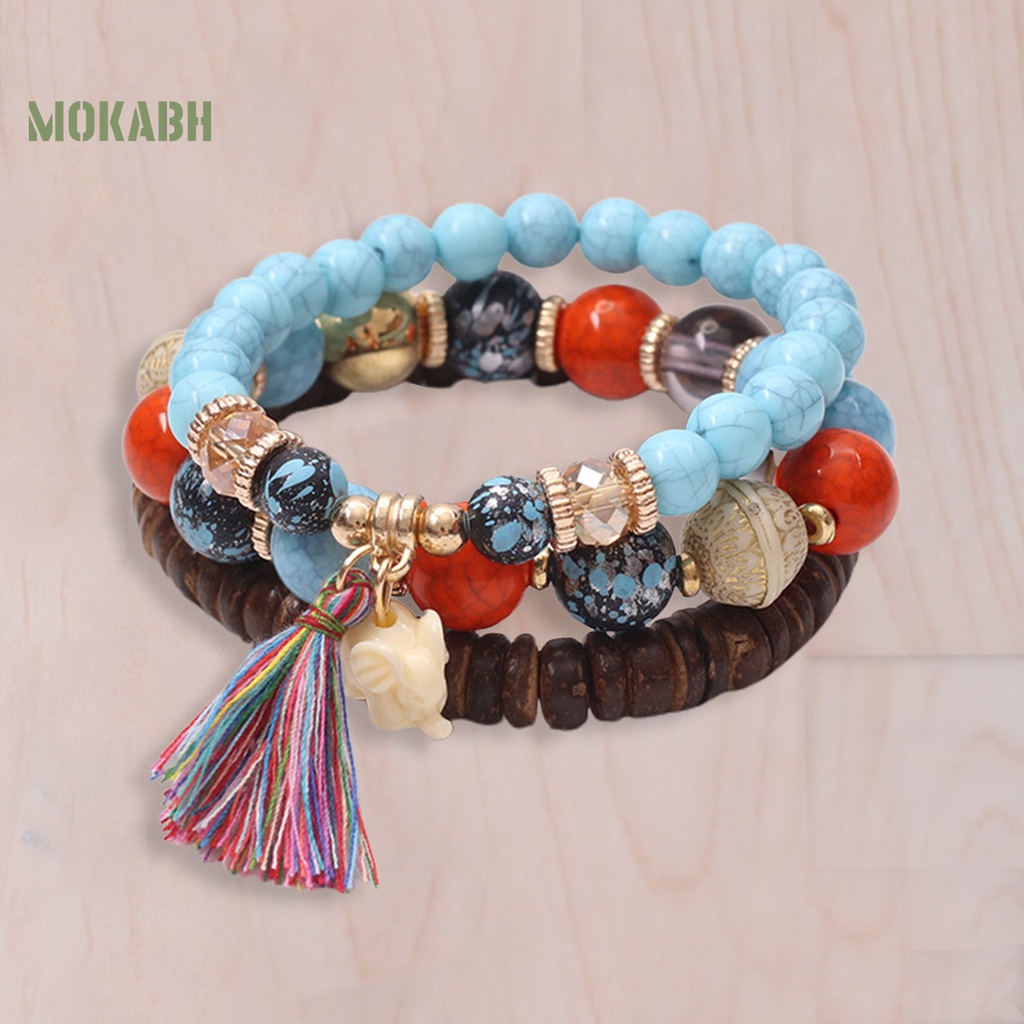 Bộ 3 Vòng Tay Chuỗi Hạt Gỗ Và Tua Rua Thời Trang Xinh Xắn