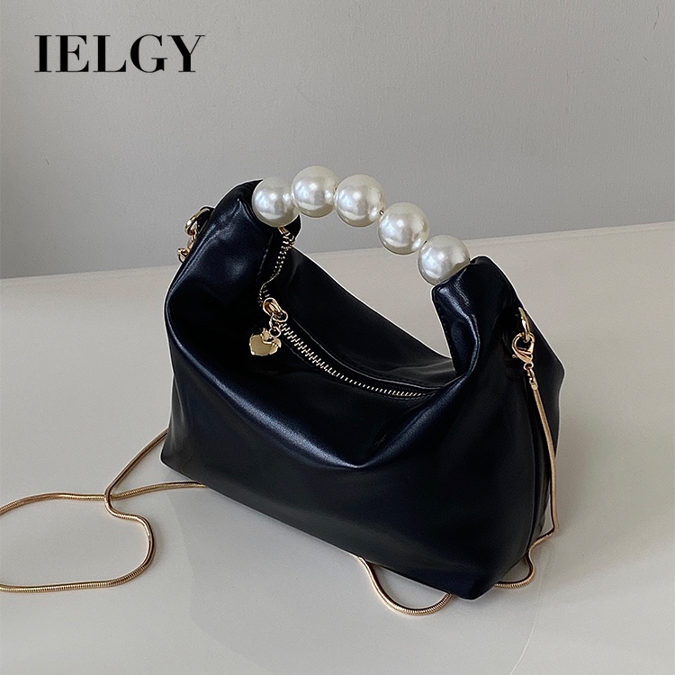 Túi Xách Đeo Chéo Màu Đen Đính Ngọc Trai Phối Dây Đeo Sợi Xích Thời Trang Cao Cấp Cho Nữ