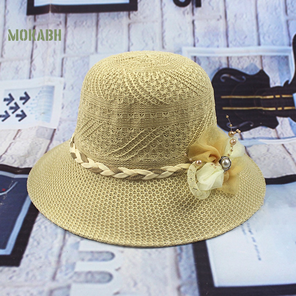 [Mok Abh] Mũ Tai Bèo Vành Rộng Chống Tia UV Có Dây Thắt Nơ Đính Hoa Giả Bằng Vải Bện Dành Cho Nữ Đi Biển
