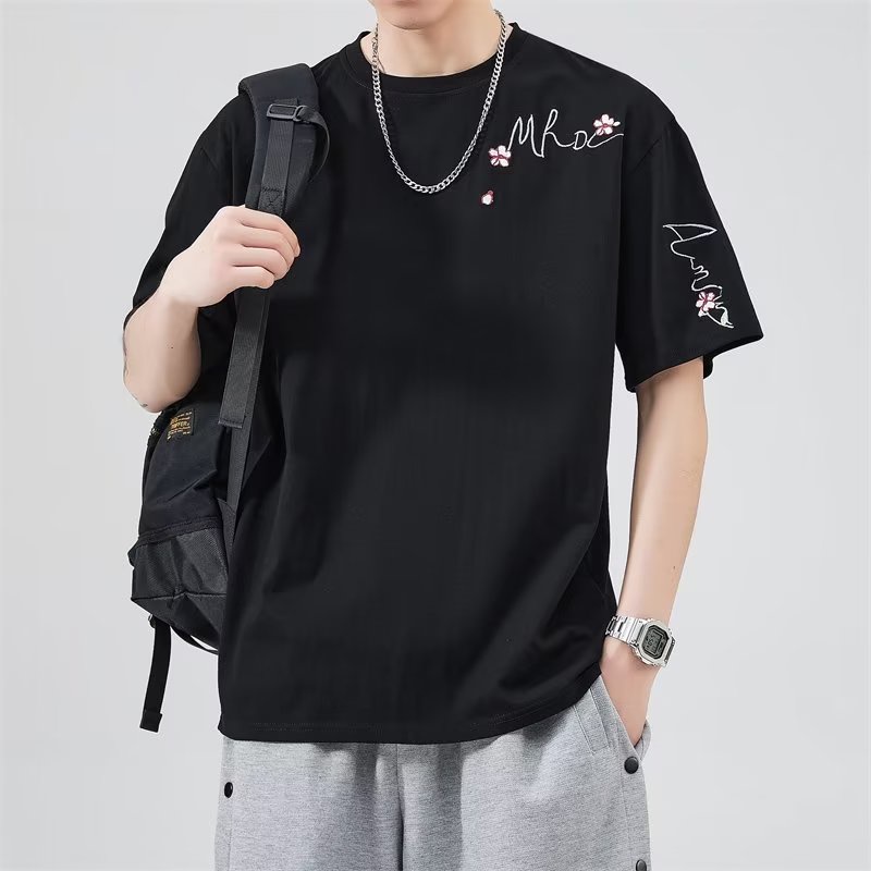 Áo Thun Cotton Ngắn Tay Dáng Rộng Thêu Hoa Nhỏ Kiểu Hàn Quốc Cho Nam