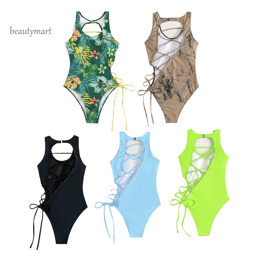 [beautymart] Đồ Bơi Một Mảnh Co Giãn Dây Buộc Nhiều Màu Sắc Trơn Họa Tiết Hoa Rỗng Có Thể Điều Chỉnh Cho Nữ