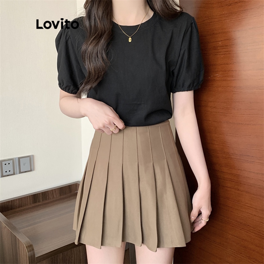 Lovito Áo thun tay phồng cổ tròn trơn đơn giản cho nữ LNE10023 (Đen)