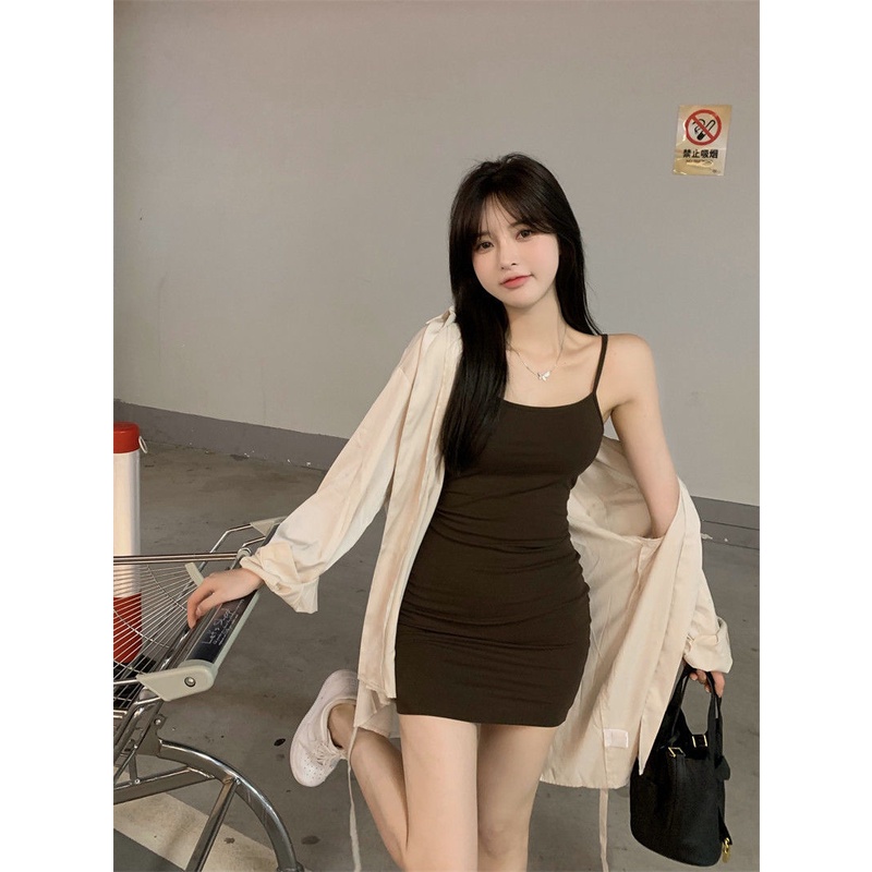 Set Áo Sơ Mi Dài Tay Và Đầm Hai Dây Phong Cách Mới Quyến Rũ Dành Cho Nữ