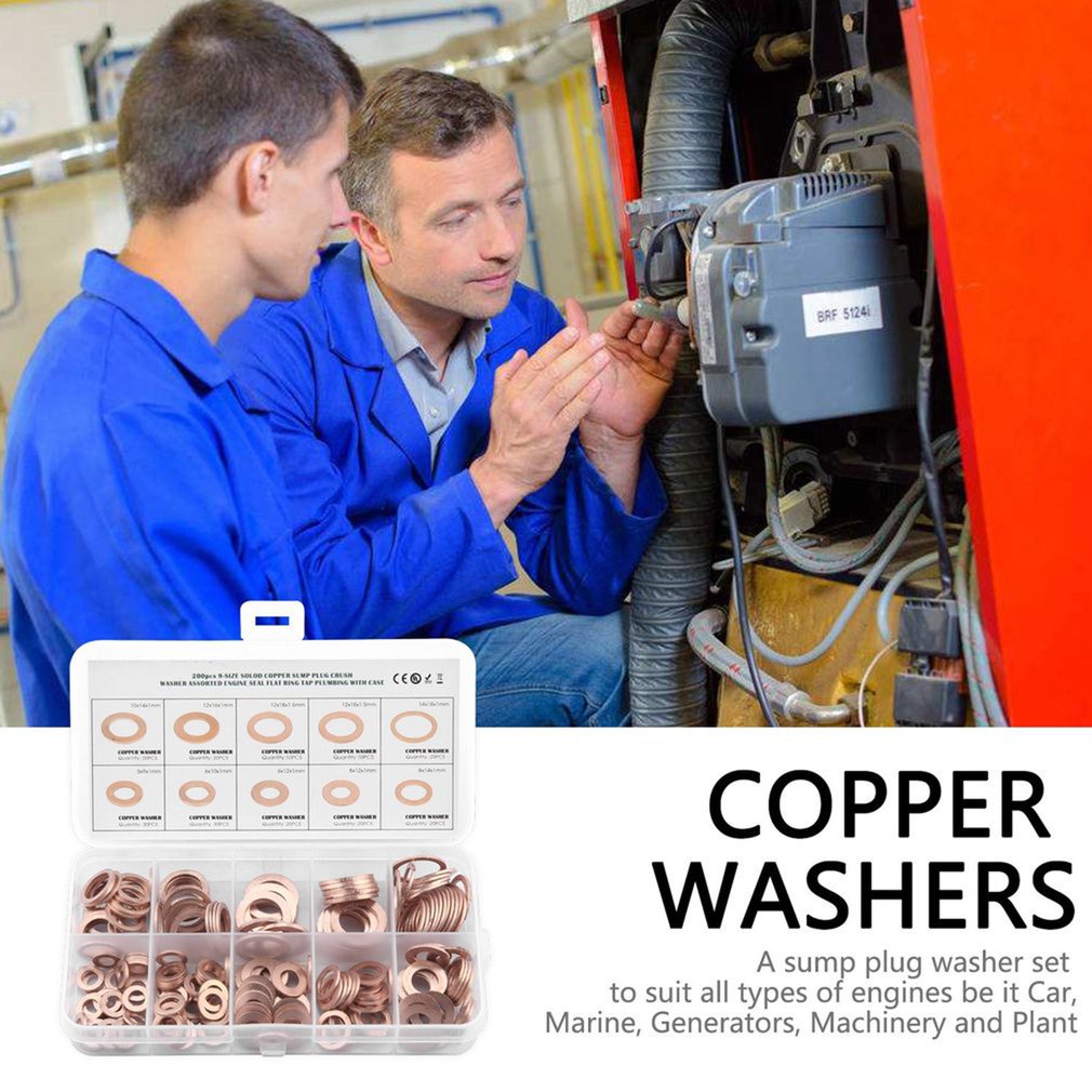 200Pcs Solid Copper Washer M5-M14 Flat Ring Sump Plug Seal Assorted Set Box Electrical Conductivity Thermal [Q/13]