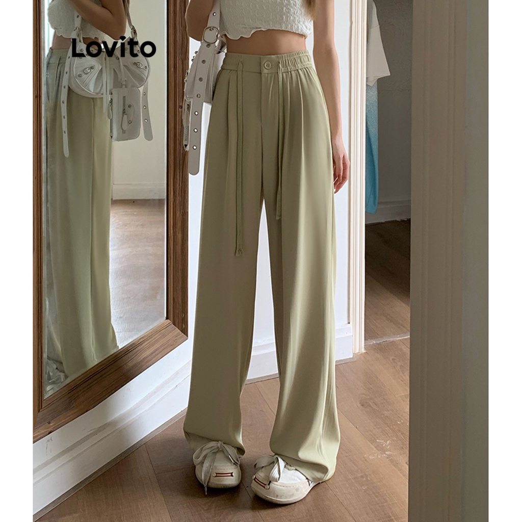 Lovito Quần cạp cao thông thường có túi trơn đơn giản cho nữ LNE10176 (Màu xanh lá)