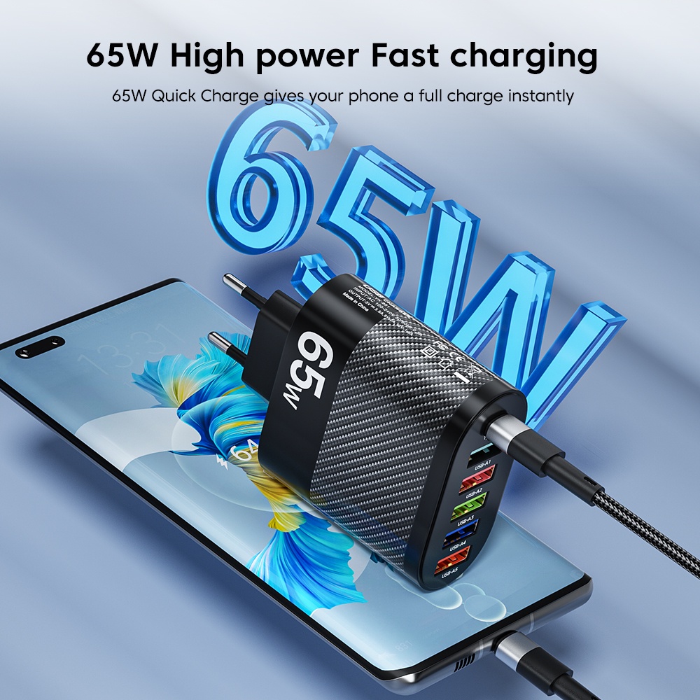 Tẩu Sạc Nhanh 5 Cổng USB Type C 65W PD QC Thông Minh Có Màn Hình Hiển Thị