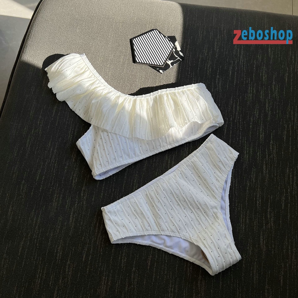 Bộ Đồ Bơi 2 Mảnh Màu Trơn Phối Bèo Và Quần Lưng Cao Mau Khô Thời Trang Cho Nữ