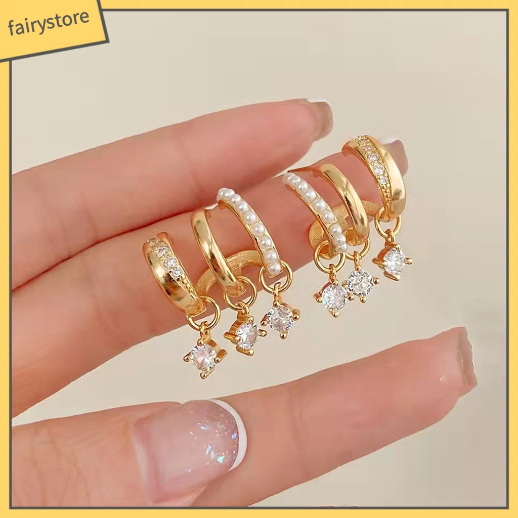 1 Đôi Bông Tai Hình Học Nhiều Lớp Đính Đá &amp; Ngọc Trai Giả