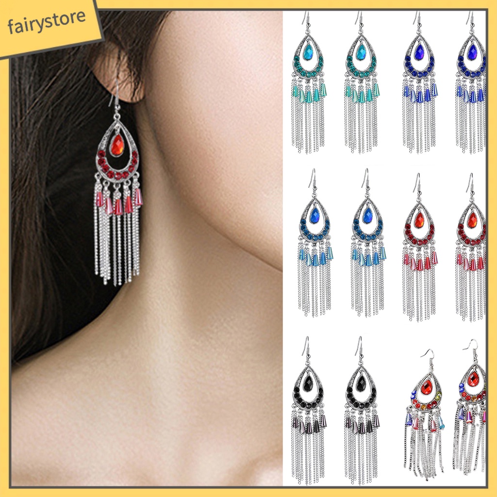 1 Đôi Bông Tai Hình Giọt Nước Đính Đá Phối Tua Rua Phong Cách Vintage