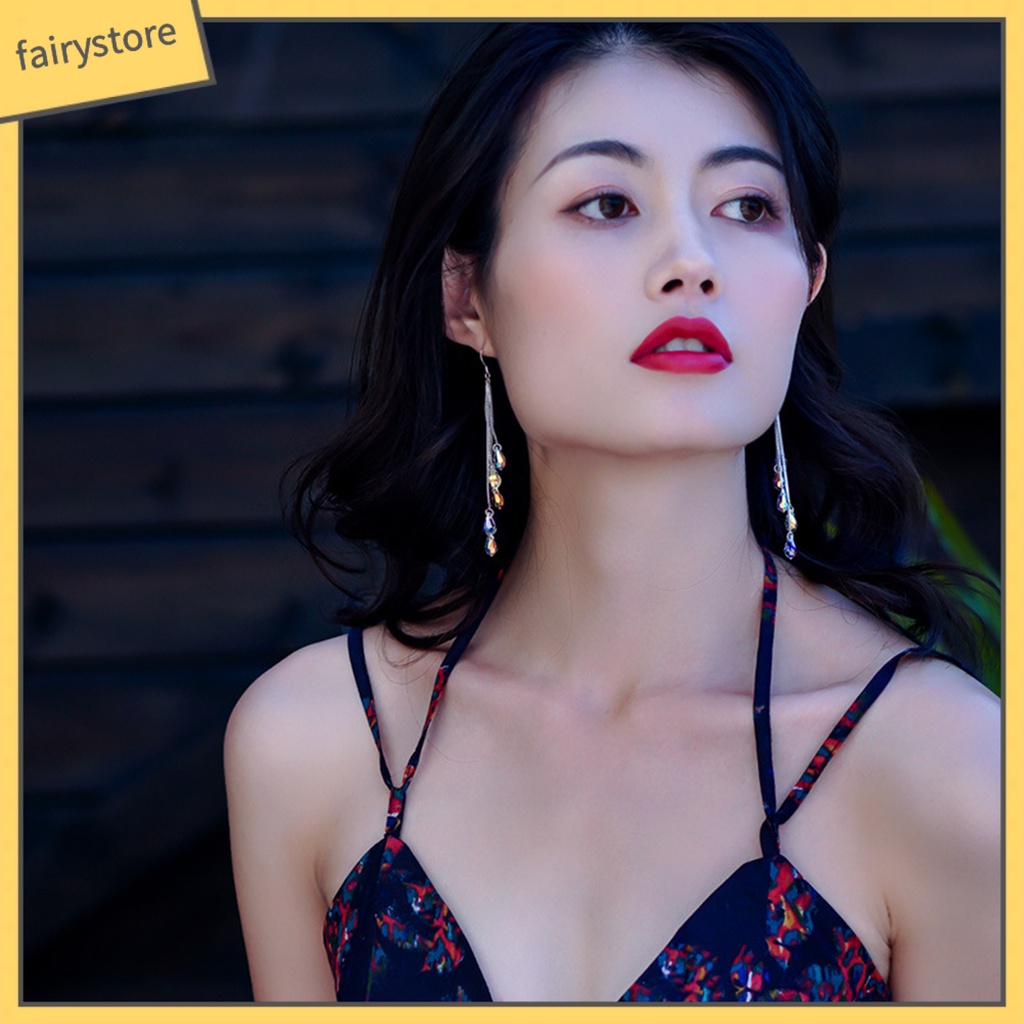 1 Đôi Bông Tai Dáng Dài Đính Pha Lê Lấp Lánh Thời Trang