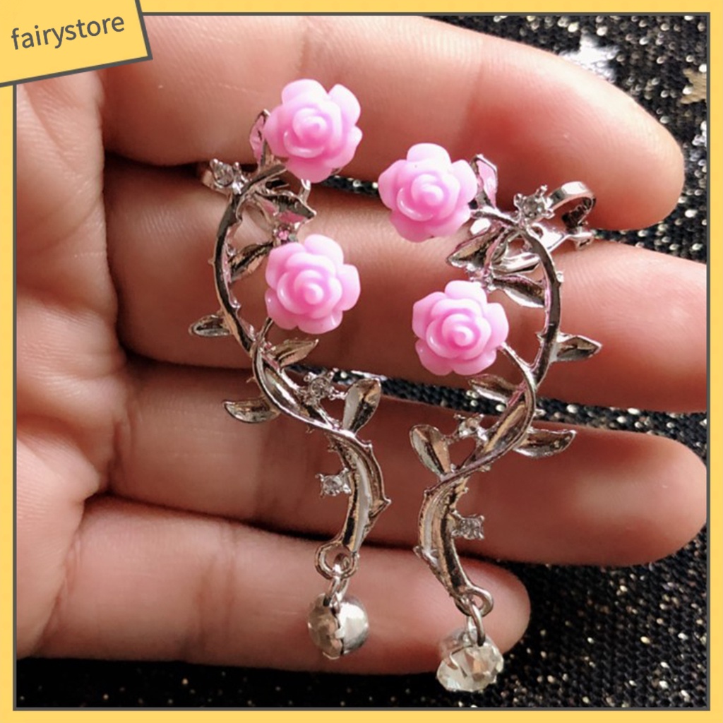 1 Đôi Khuyên Kẹp Vành Tai Hình Hoa Hồng Đính Đá Lấp Lánh