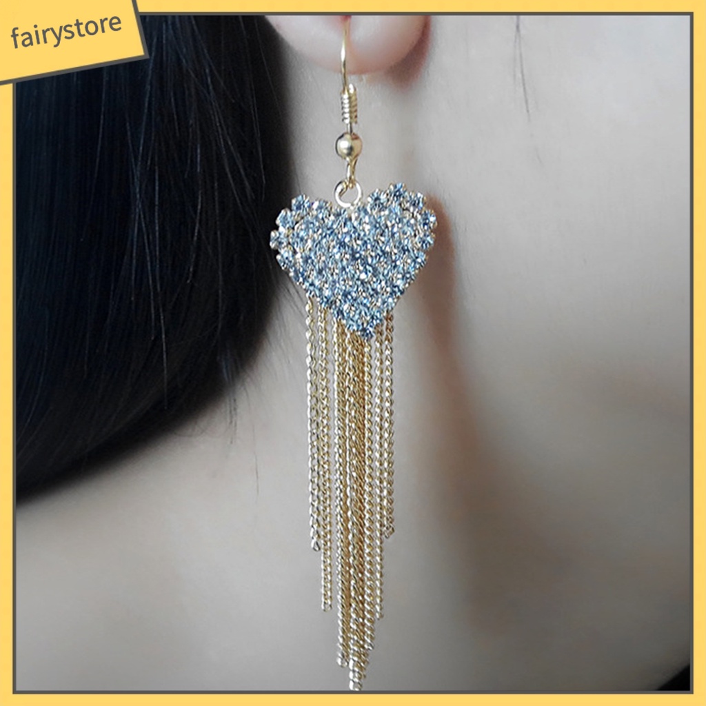 Bông Tai Dài Hình Trái Tim Đính Đá Lấp Lánh Thời Trang Cho Nữ