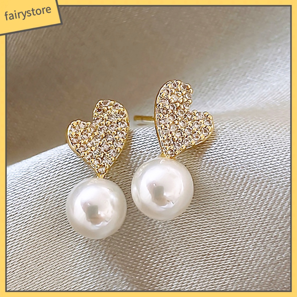 1 Đôi Bông Tai Hình Trái Tim Đính Ngọc Trai Giả Phong Cách Pháp Cổ Điển