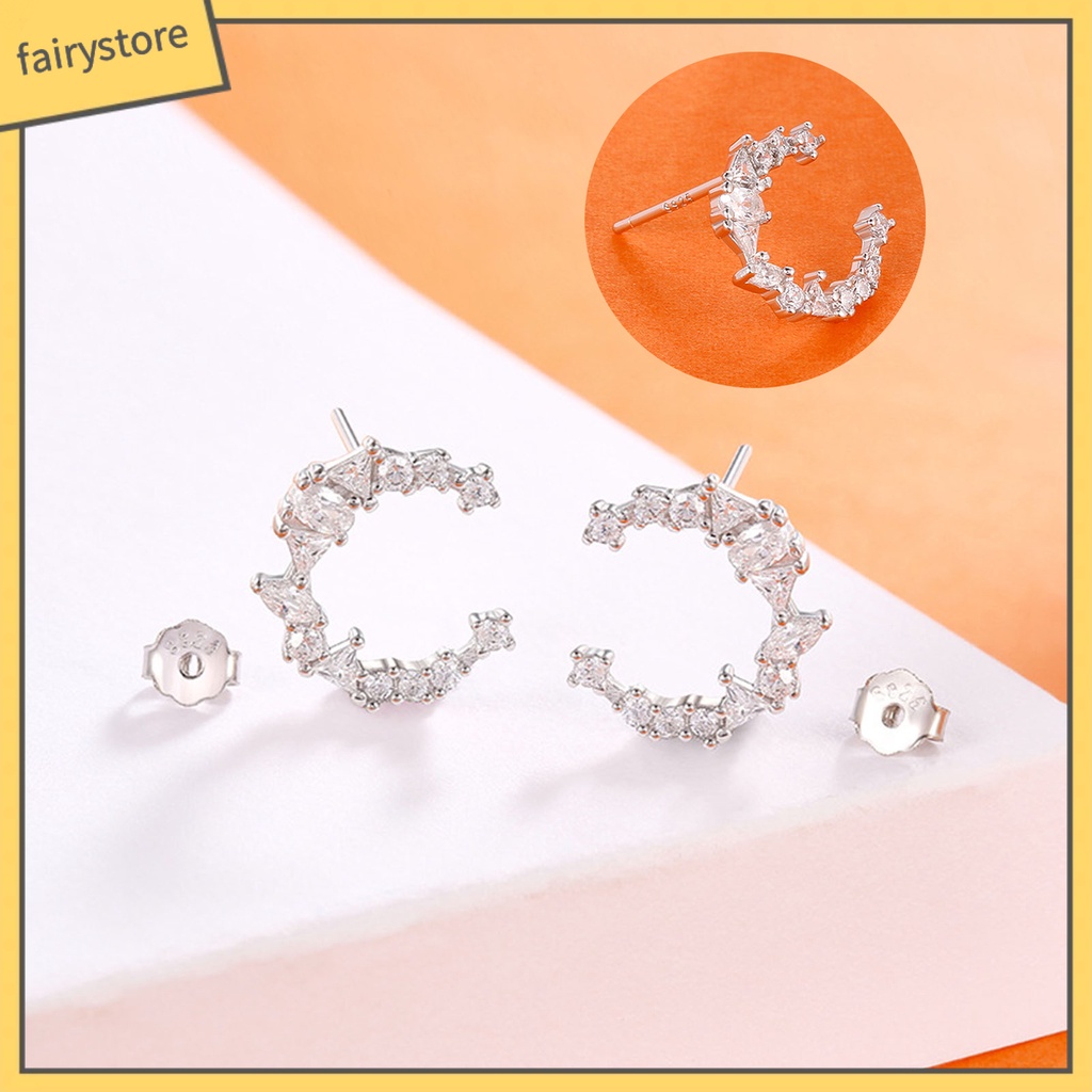 1 Đôi Bông Tai Bạc 925 Hình Mặt Trăng Đính Đá Zircon