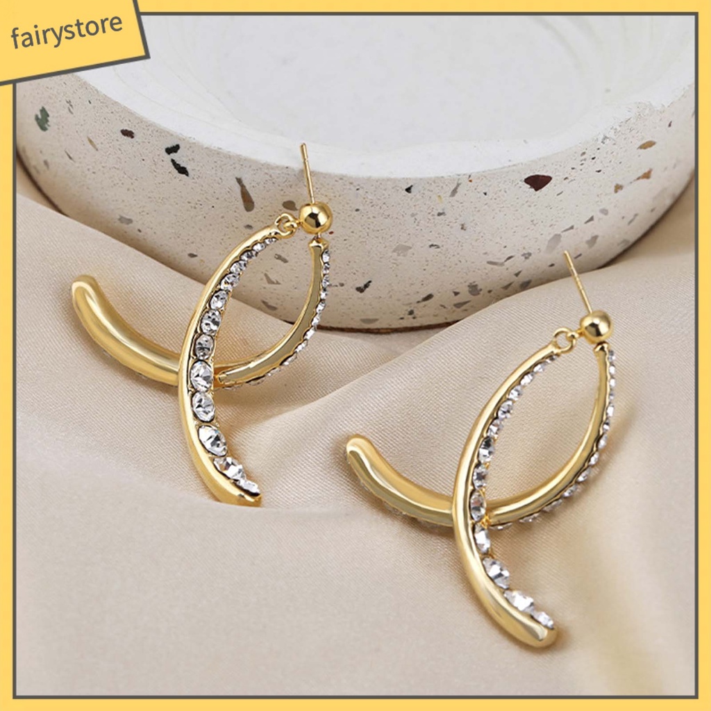 [FRO] 1 Đôi Bông Tai Hợp Kim Dạng Cong Đính Kim Cương Giả Tinh Tế Sử Dụng Hàng Ngày