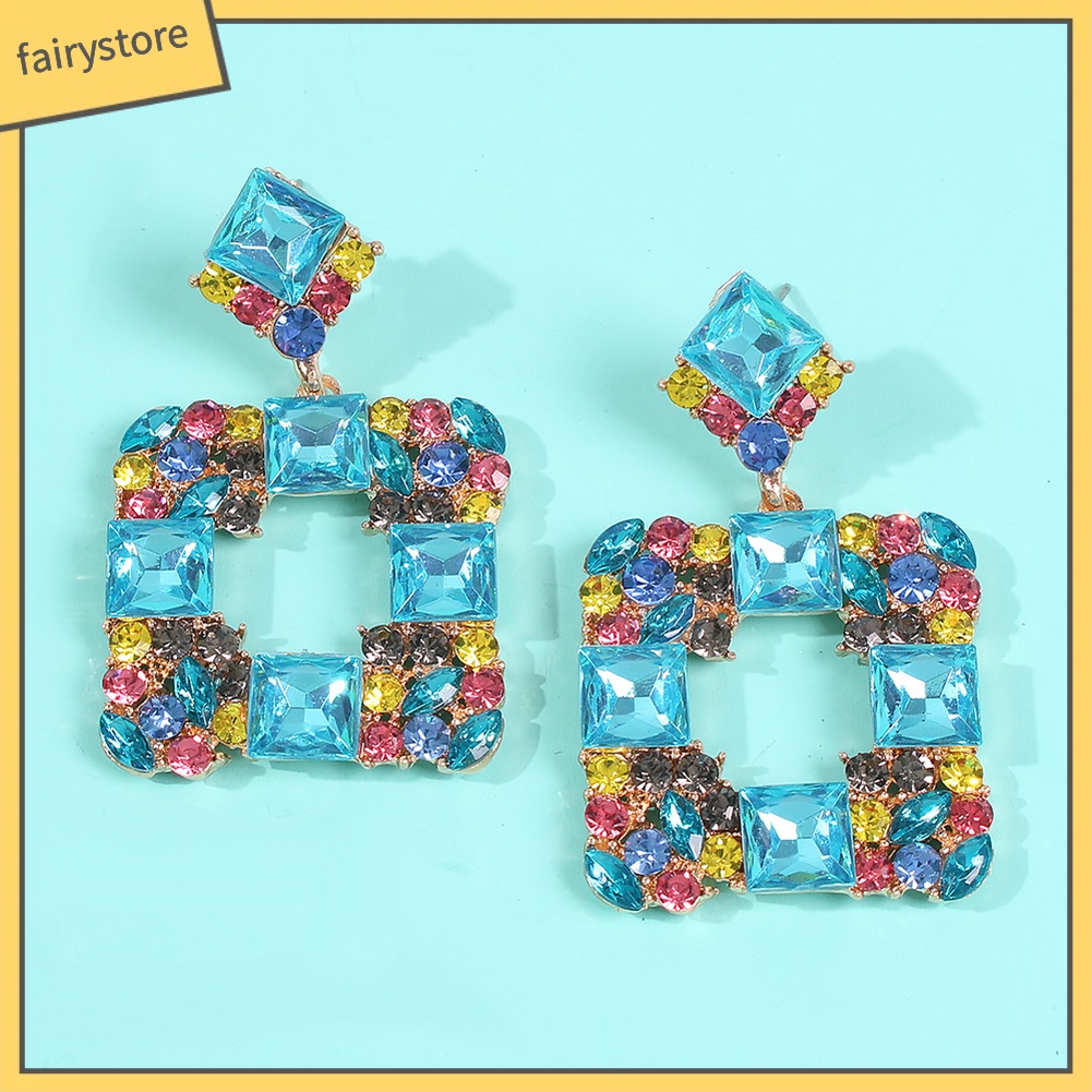 Bông Tai Hình Vuông Đính Đá Nhiều Màu Thời Trang Dành Cho Nữ