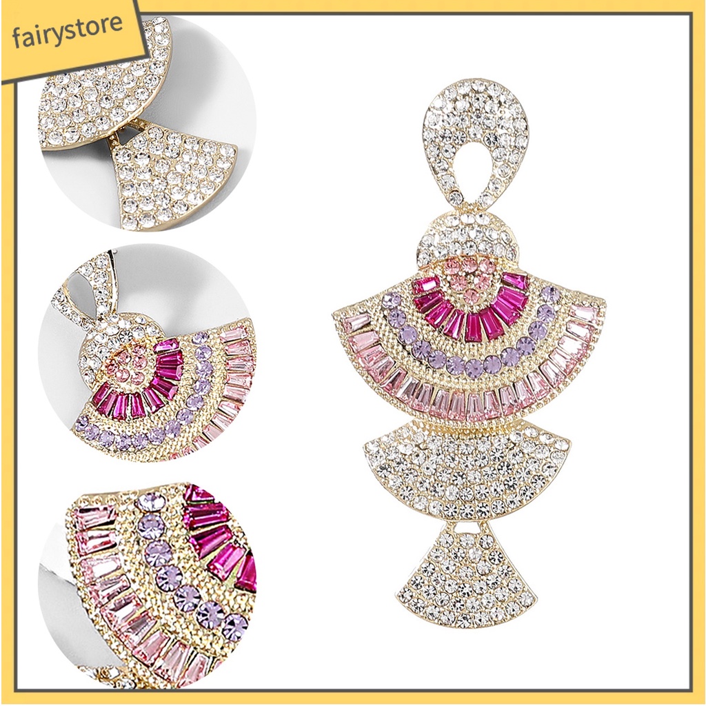 1 Đôi Bông Tai Hình Quạt Đính Đá Nhiều Màu Sắc Lấp Lánh Dành Cho Nữ