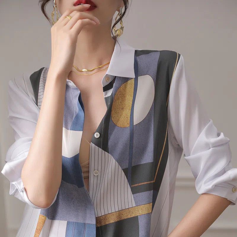 Áo Sơ Mi Satin Cao Cấp Tay Dài Dáng Rộng In Họa Tiết Màu Sắc Tương Phản Thời Trang Mùa Thu 2023 Cho Nữ
