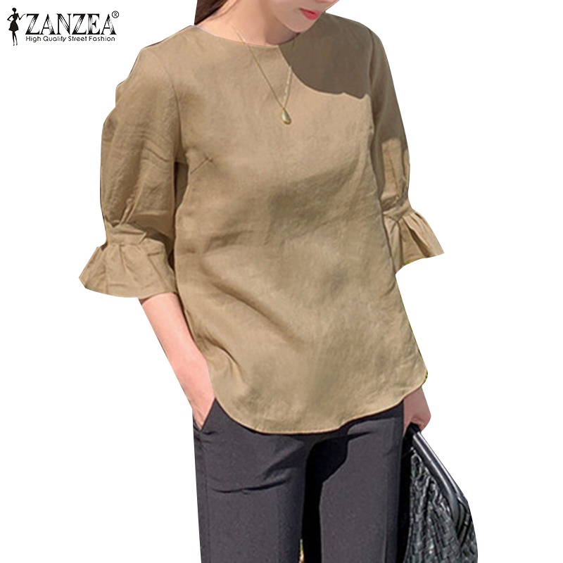 Zanzea Áo Thun Nữ Tay Lửng Cổ Tròn Màu Trơn Phong Cách Hàn Quốc