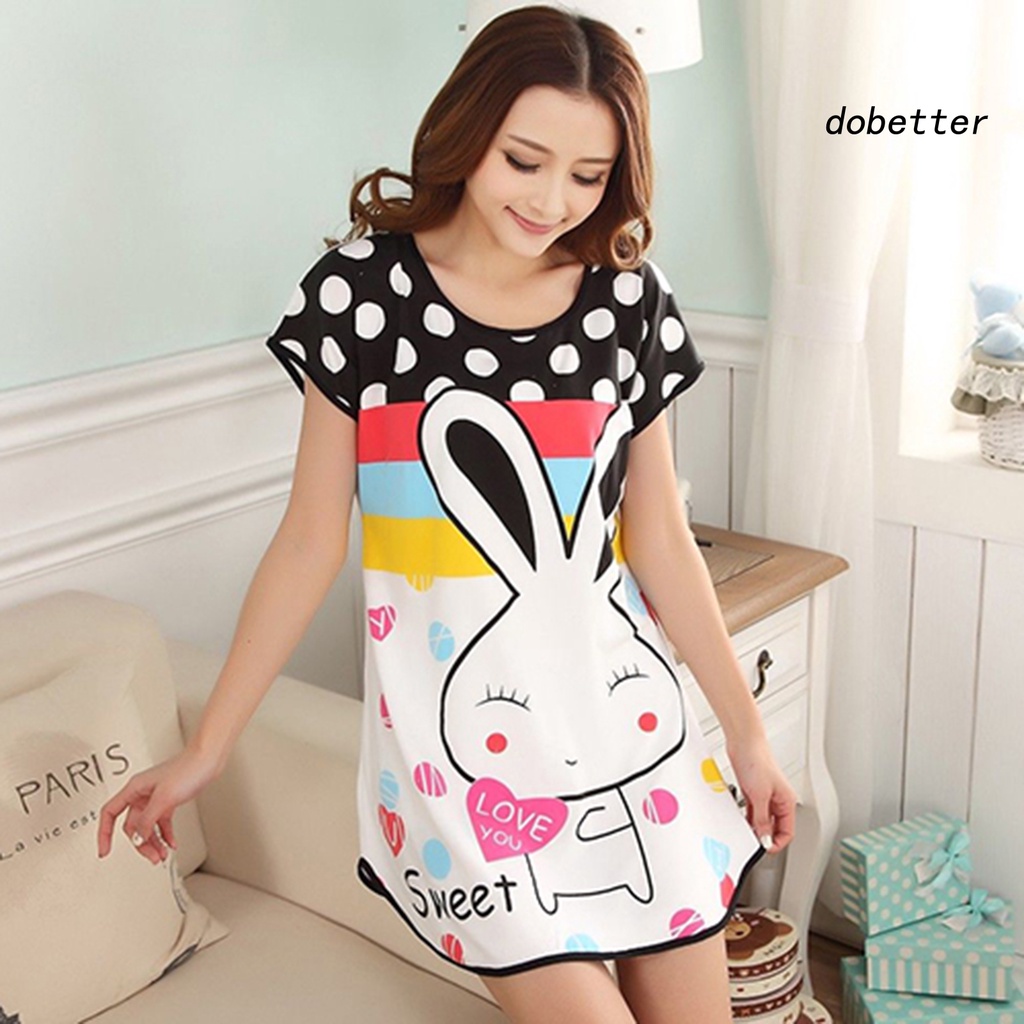 Đầm Ngủ Cotton Pha Thoáng Khí In Họa Tiết Thỏ Hoạt Hình [DO] Cho Nữ