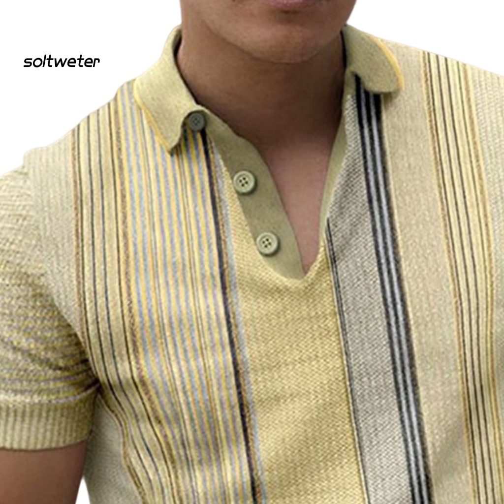 Áo Sơ Mi Tay Ngắn Cổ Bẻ In Họa Tiết Kẻ Sọc Màu Sắc Tương Phản Thời Trang Mùa Hè Cho Nam