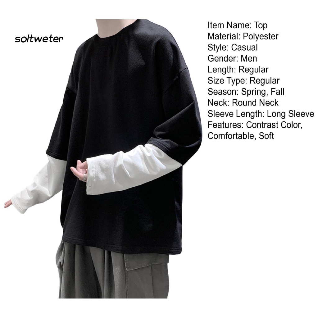 Áo Thun Cổ Tròn Dáng Rộng Giả Hai Lớp Màu Sắc Tương Phản Thời Trang Mùa Thu Cho Nam