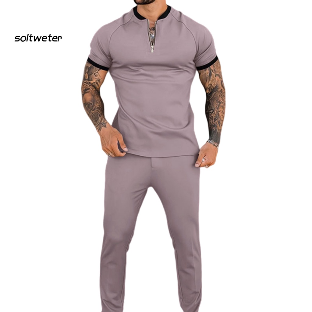 1 Bộ Áo Thun Tay Ngắn Dáng Ôm + Quần Dài Khóa Kéo Phối Màu Thời Trang Mùa Hè Cho Nam