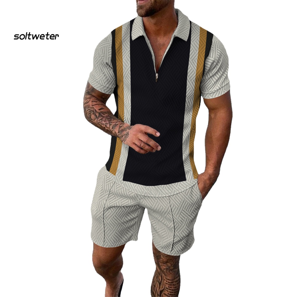 1 Bộ Đồ Thể Thao Đi Biển Mùa Hè Gồm Áo Cổ Bẻ In Họa Tiết Kỹ Thuật Số + Quần Short Có Túi Cho Nam