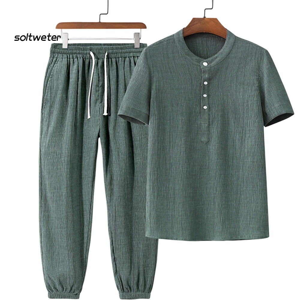 1 Bộ Áo Thun Cổ Tròn Cài Nút Màu Trơn Phối Quần Dài Lưng Thun Co Giãn Thời Trang Mùa Hè Cho Văn Phòng
