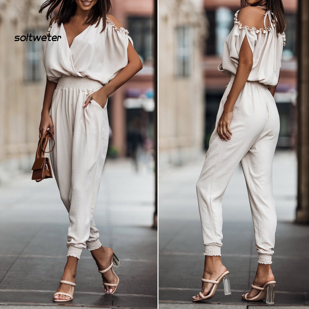Bộ Áo Liền Quần Tay Cánh Dơi Hở Lưng Cổ Chữ V Mềm Mại Màu Trơn Thời Trang Mùa Hè Cho Nữ