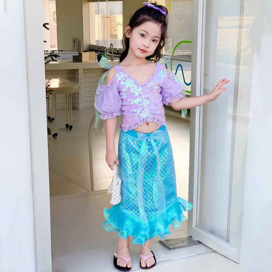 DISNEY Lxaa Bộ Trang Phục Nàng Tiên Cá mb09 2 Mảnh Đính Kim Sa Lấp Lánh Cho Bé Gái