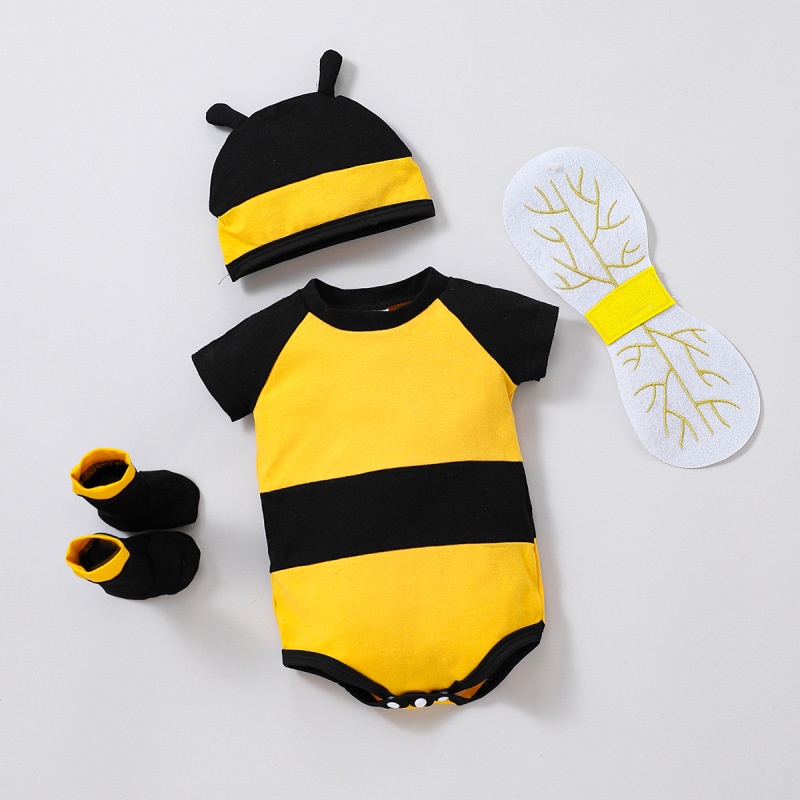 Bộ trang phục 3 món BCBL gồm áo liền quần tay cộc + tất + nón in họa tiết hoạt hình chú ong cho bé trai