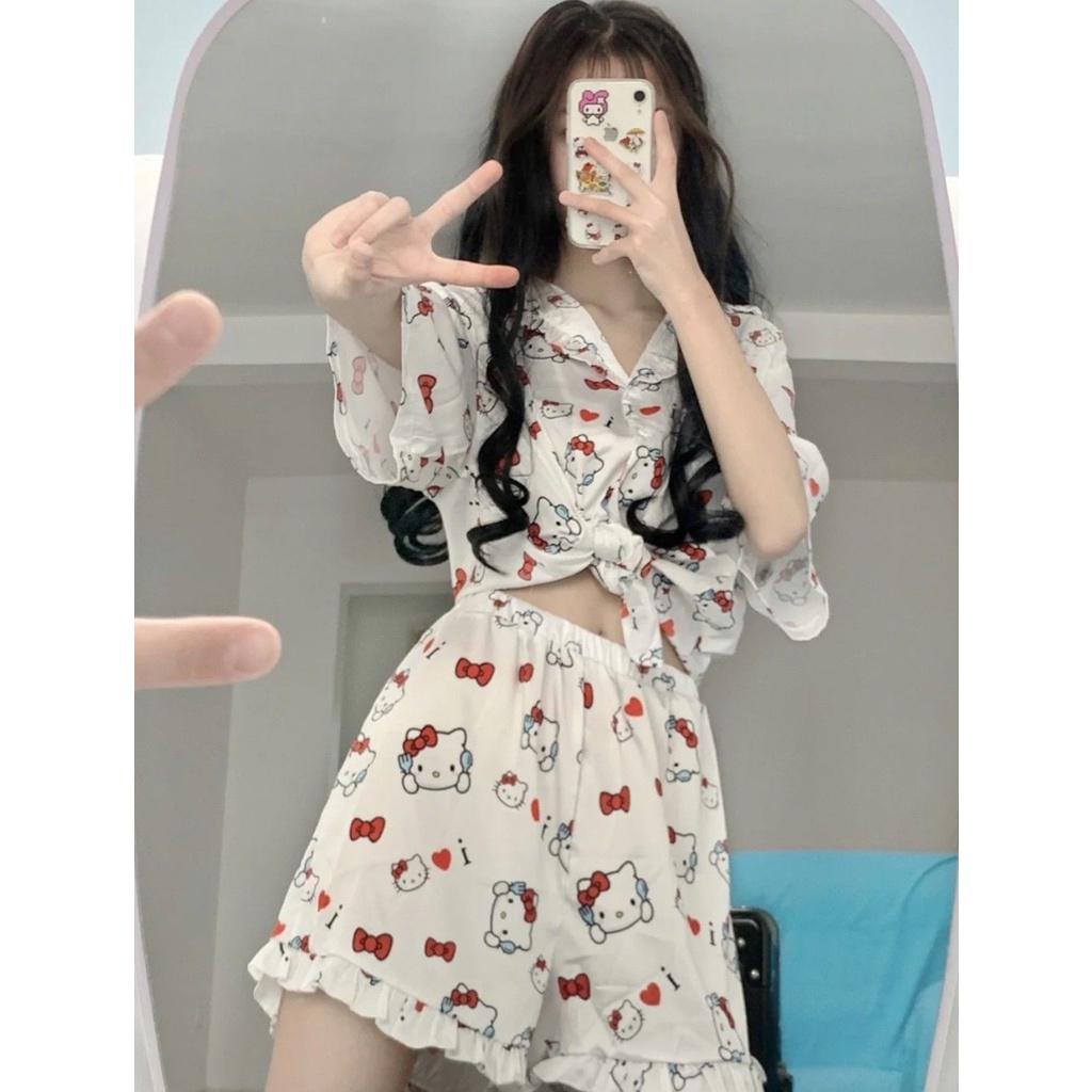 Bộ Đồ Ngủ Tay Ngắn In Hoạt Hình Hello Kitty Phong Cách Nhật Bản Thời Trang Mùa Hè Xinh Xắn Cho Nữ