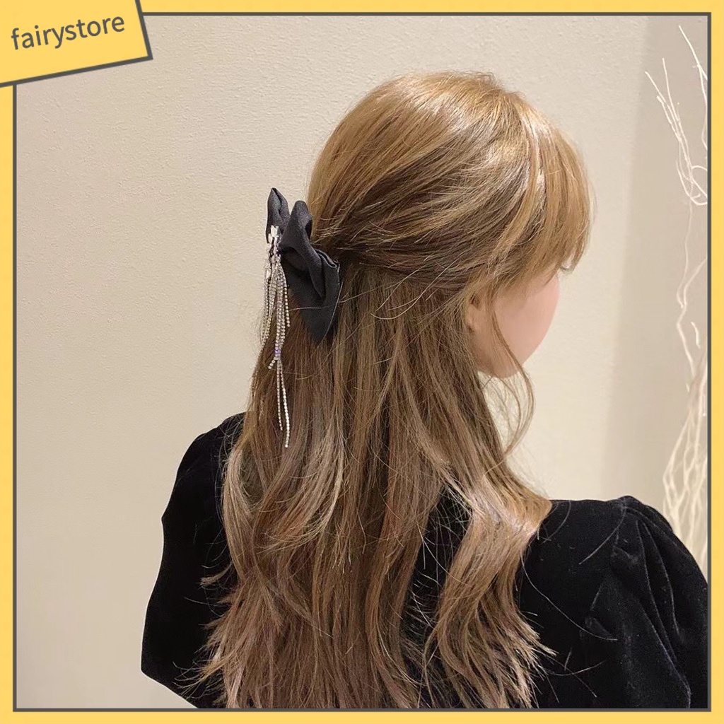 Kẹp Tóc Nơ Đính Đá Tua Rua Màu Đen Cho Nữ