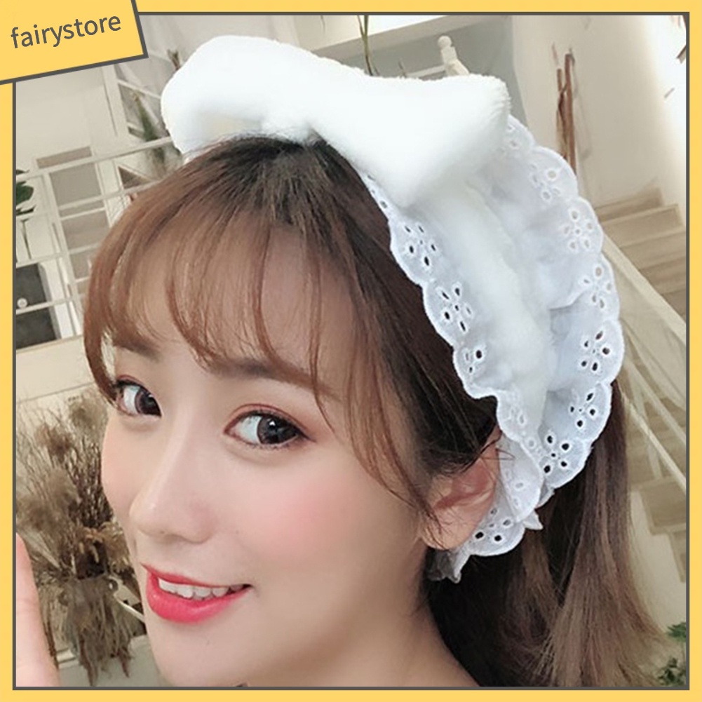 Băng Đô Rửa Mặt Trang Điểm Bằng Lông Cừu San Hô Co Giãn Cột Nơ Phối Ren Cho Nữ