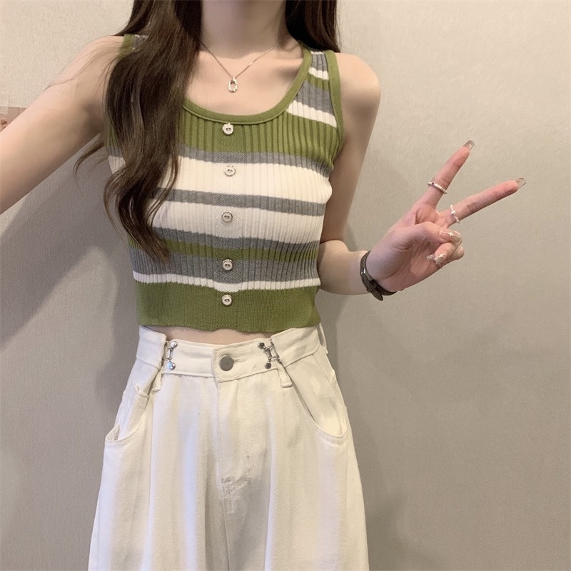 NZN Áo Dệt Kim Hai Dây Họa Tiết Kẻ Sọc Tương Phản Phong Cách vintage Mùa Hè Mới